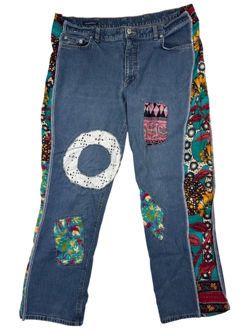 Land's End Upcycled Patchwork Jeans Women's XL Boho Hippie Festival Denim